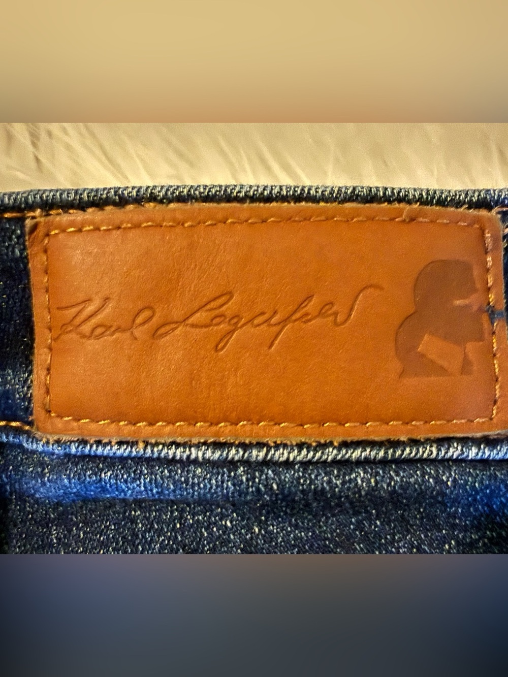 KARL LAGERFELD Dark Blue Distressed Denim Cropped Jeans with Frayed Side Trim. - Picture 3 of 8